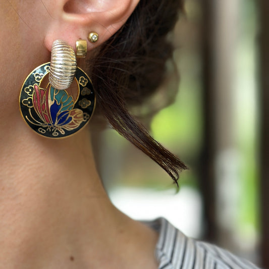 Estate Gold-Tone Black Enamel Cloisonne Round Earring Charms
