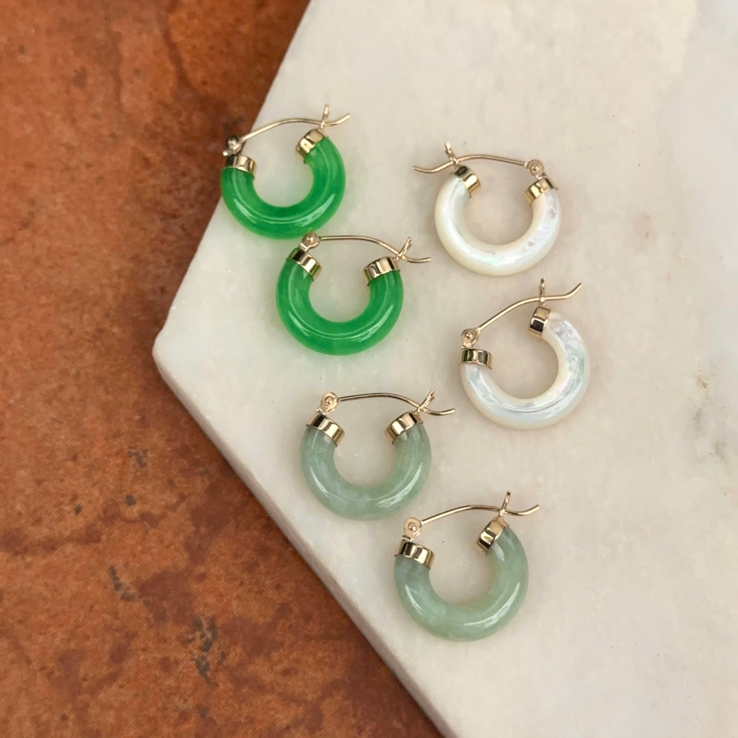 14KT Yellow Gold Jade Hoop Earrings 15mm