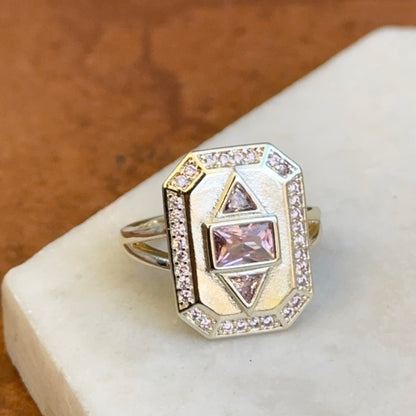 Silver-Plated Pink Cubic Zirconia Art Deco Split Shank Ring