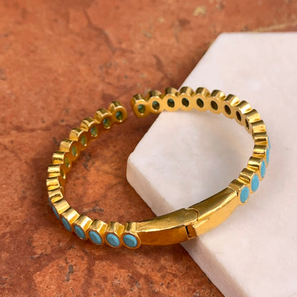 Estate Yellow Gold Tone Bezel Oval Blue Stone Hinged Bangle Bracelet