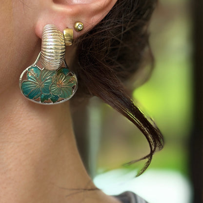 Estate Sterling Silver Aqua Enamel Hibiscus Earring Charms