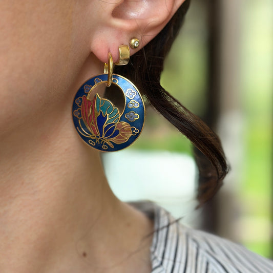 Estate Gold-Tone Dark Blue Enamel Cloisonne Round Earring Charms