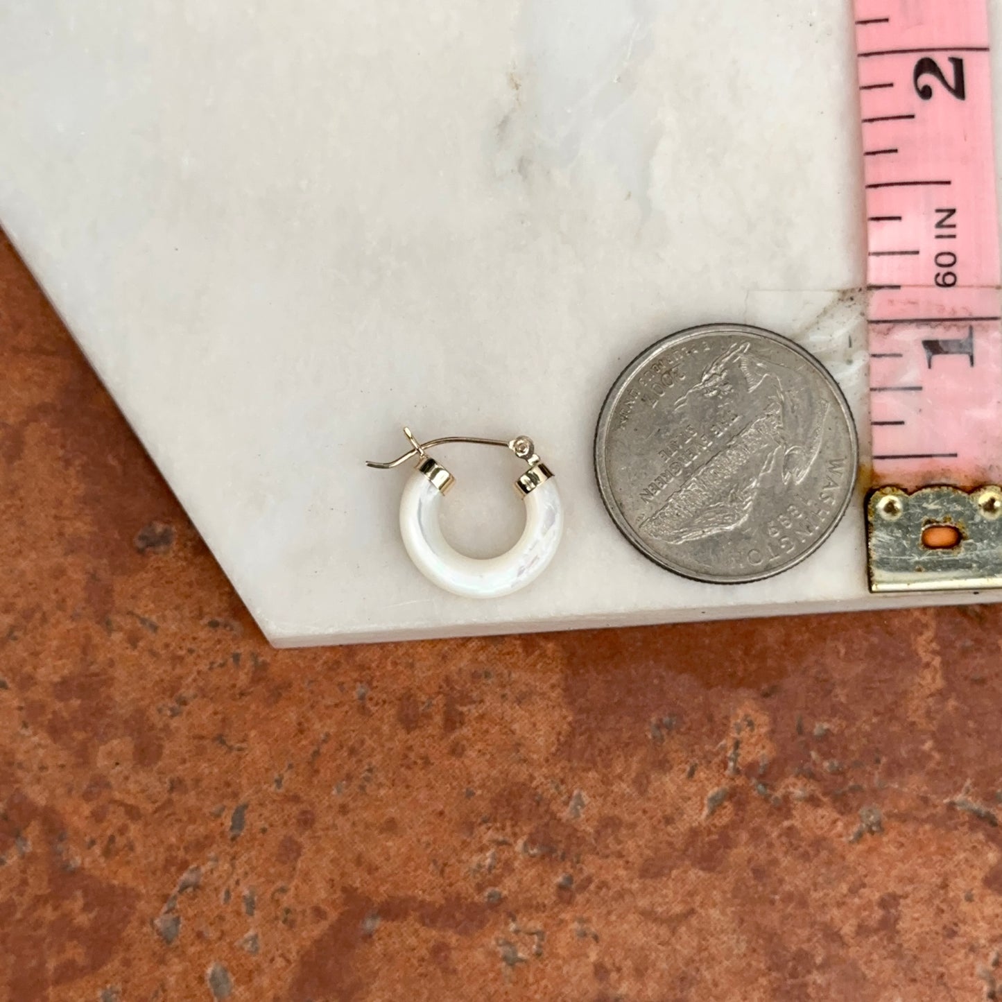 14KT Yellow Gold Mother of Pearl Tube Hoop Earrings 15mm