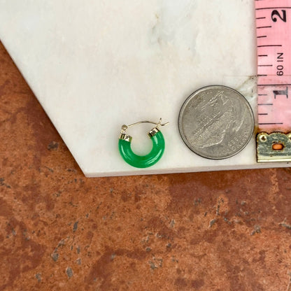 14KT Yellow Gold Green Jade Tube Hoop Earrings 15mm