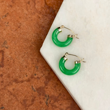 14KT Yellow Gold Green Jade Tube Hoop Earrings 15mm