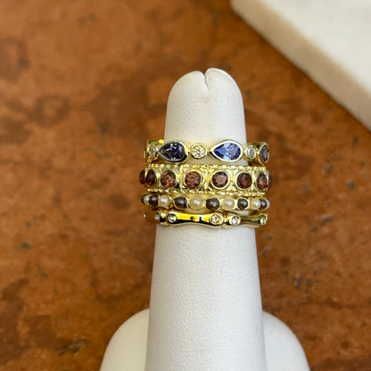 Yellow Gold-Plated Synthetic Tanzanite, Brown Gemstone, Cubic Zirconia, Black and White Pearl Bead Stackable Ring Set