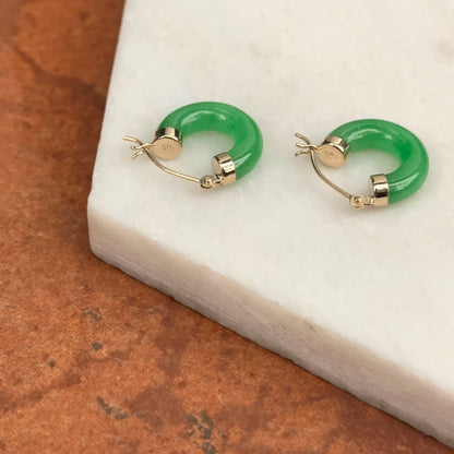 14KT Yellow Gold Green Jade Tube Hoop Earrings 15mm