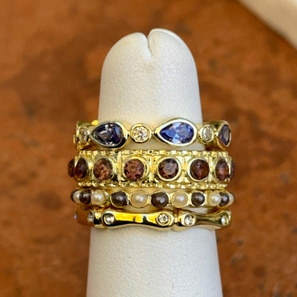 Yellow Gold-Plated Synthetic Tanzanite, Brown Gemstone, Cubic Zirconia, Black and White Pearl Bead Stackable Ring Set