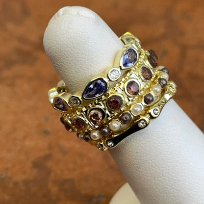 Yellow Gold-Plated Synthetic Tanzanite, Brown Gemstone, Cubic Zirconia, Black and White Pearl Bead Stackable Ring Set