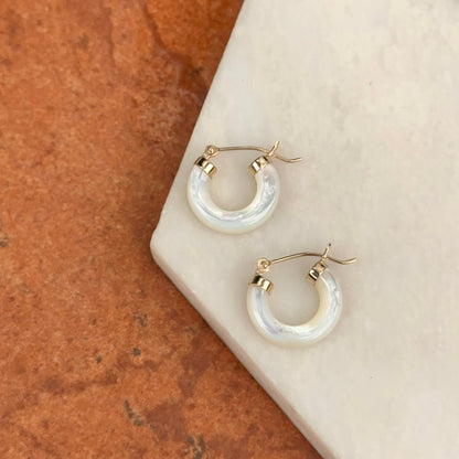 14KT Yellow Gold Mother of Pearl Tube Hoop Earrings 15mm