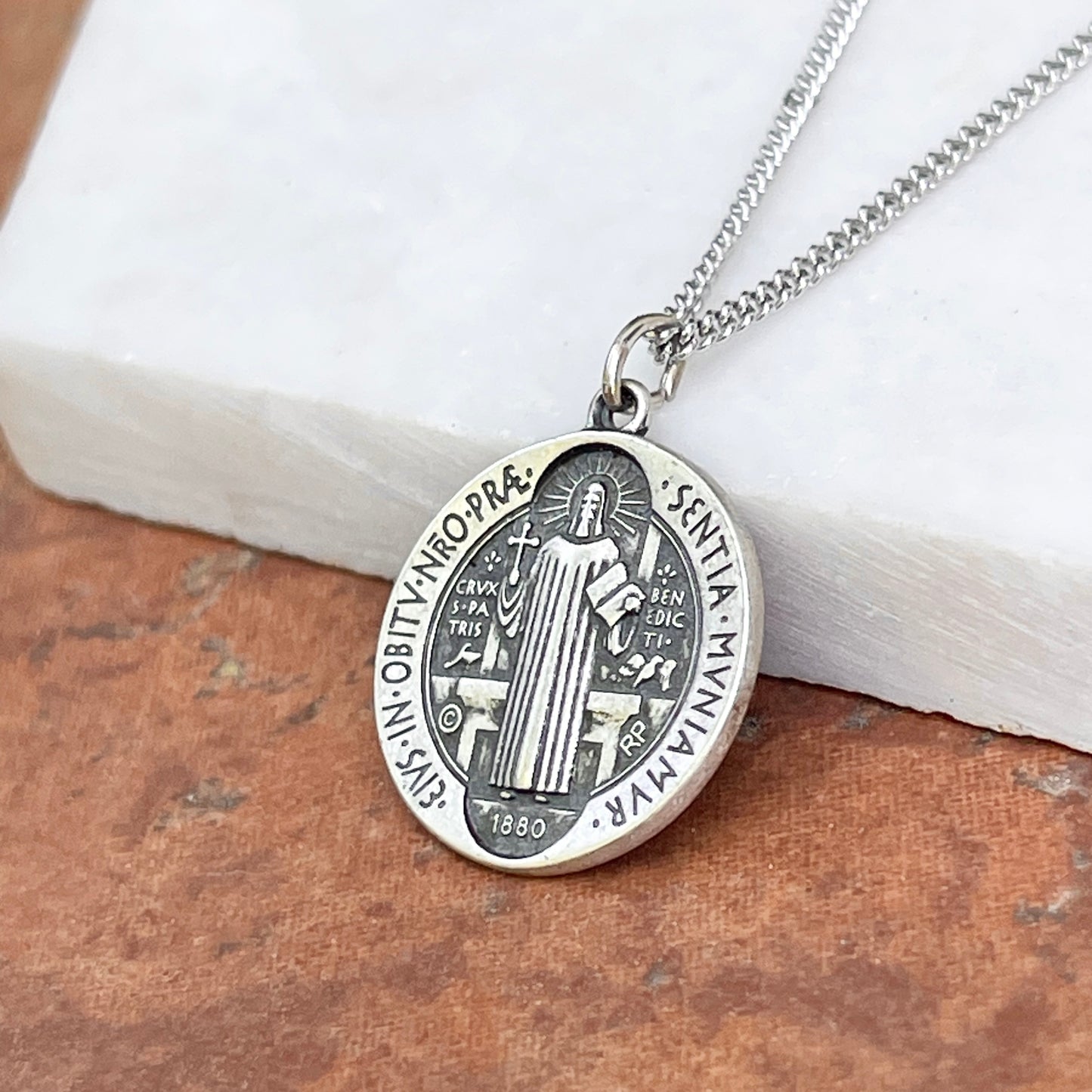 Sterling Silver St Benedict Round Medal Chain Necklace
