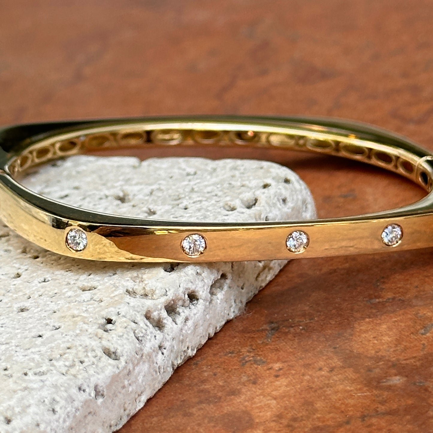 18KT Yellow Gold Squared Cuff Bangle Bracelet Gypsy Set Diamonds