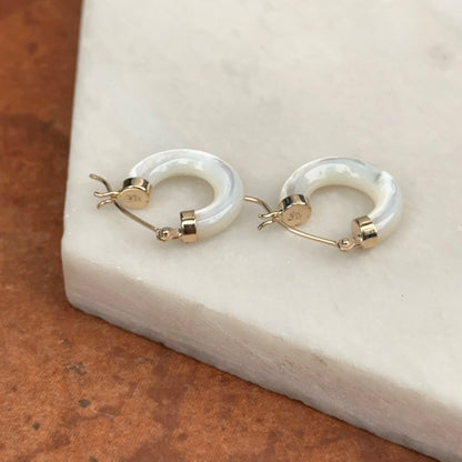 14KT Yellow Gold Mother of Pearl Tube Hoop Earrings 15mm