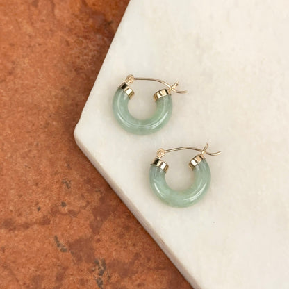14KT Yellow Gold Jade Hoop Earrings 15mm