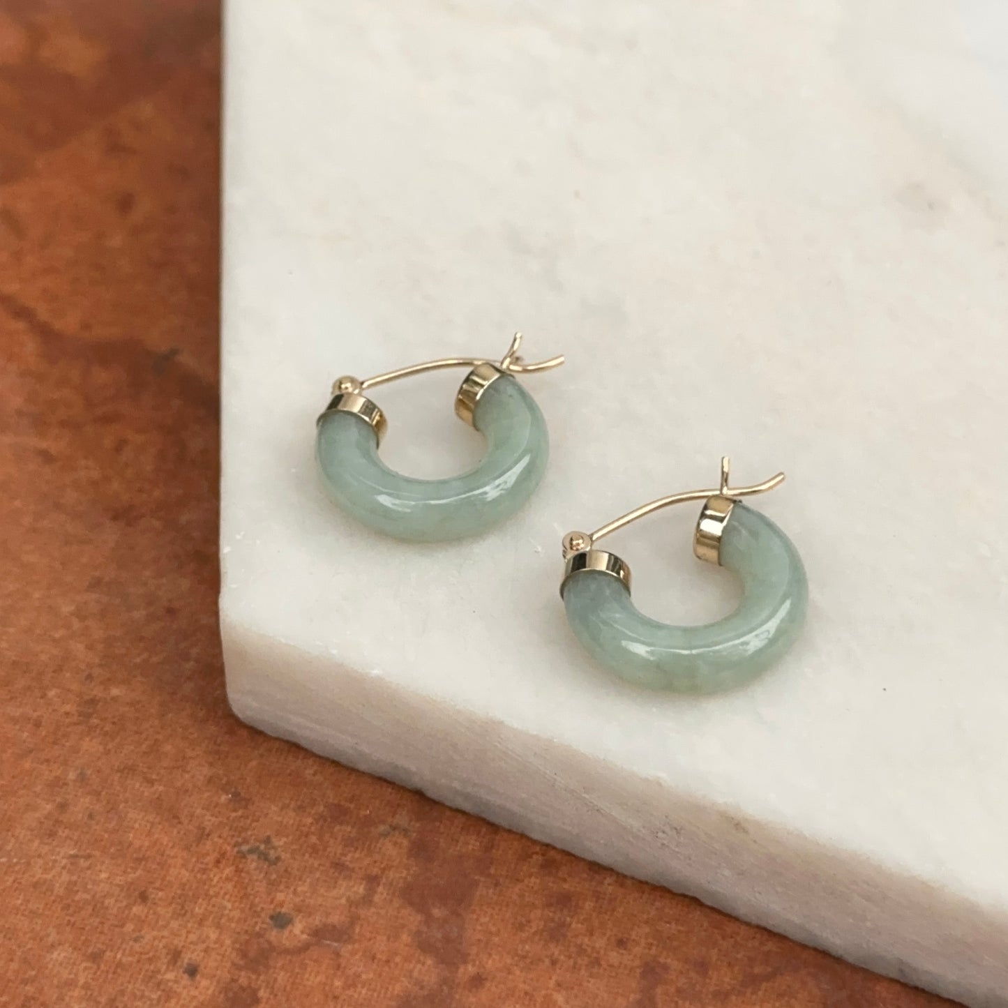 14KT Yellow Gold Jade Hoop Earrings 15mm