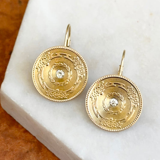 Estate 14KT Yellow Gold Round Diamond Circle Floral Drop Earrings