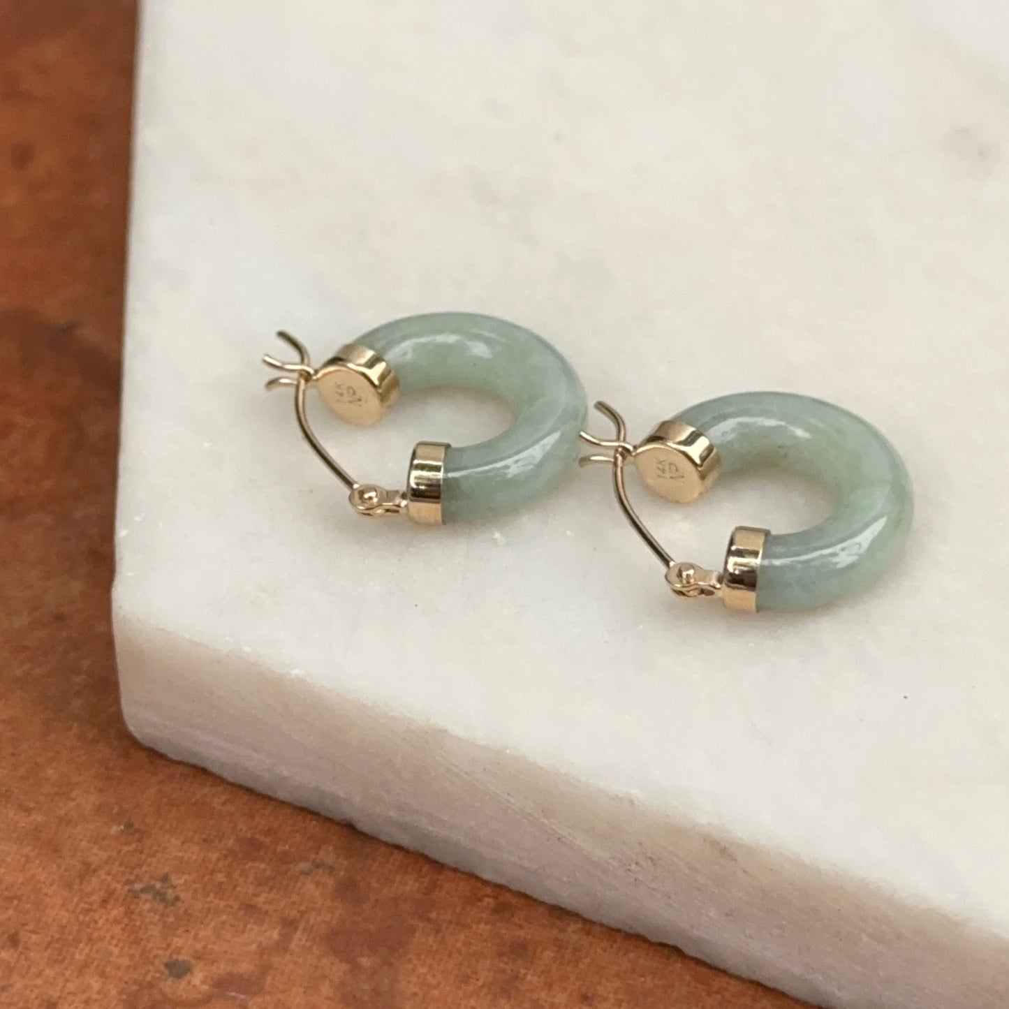 14KT Yellow Gold Jade Hoop Earrings 15mm