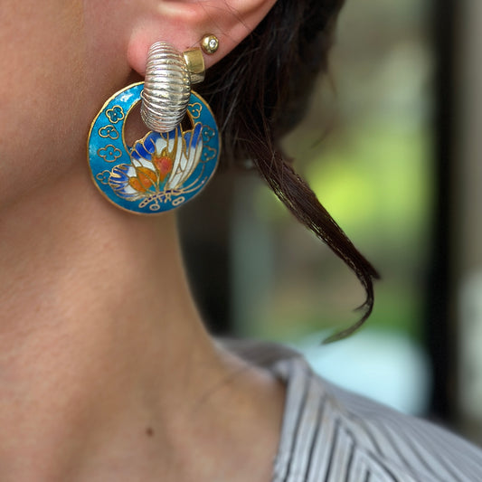 Estate Gold-Tone Aqua Blue Enamel Cloisonne Round Earring Charms