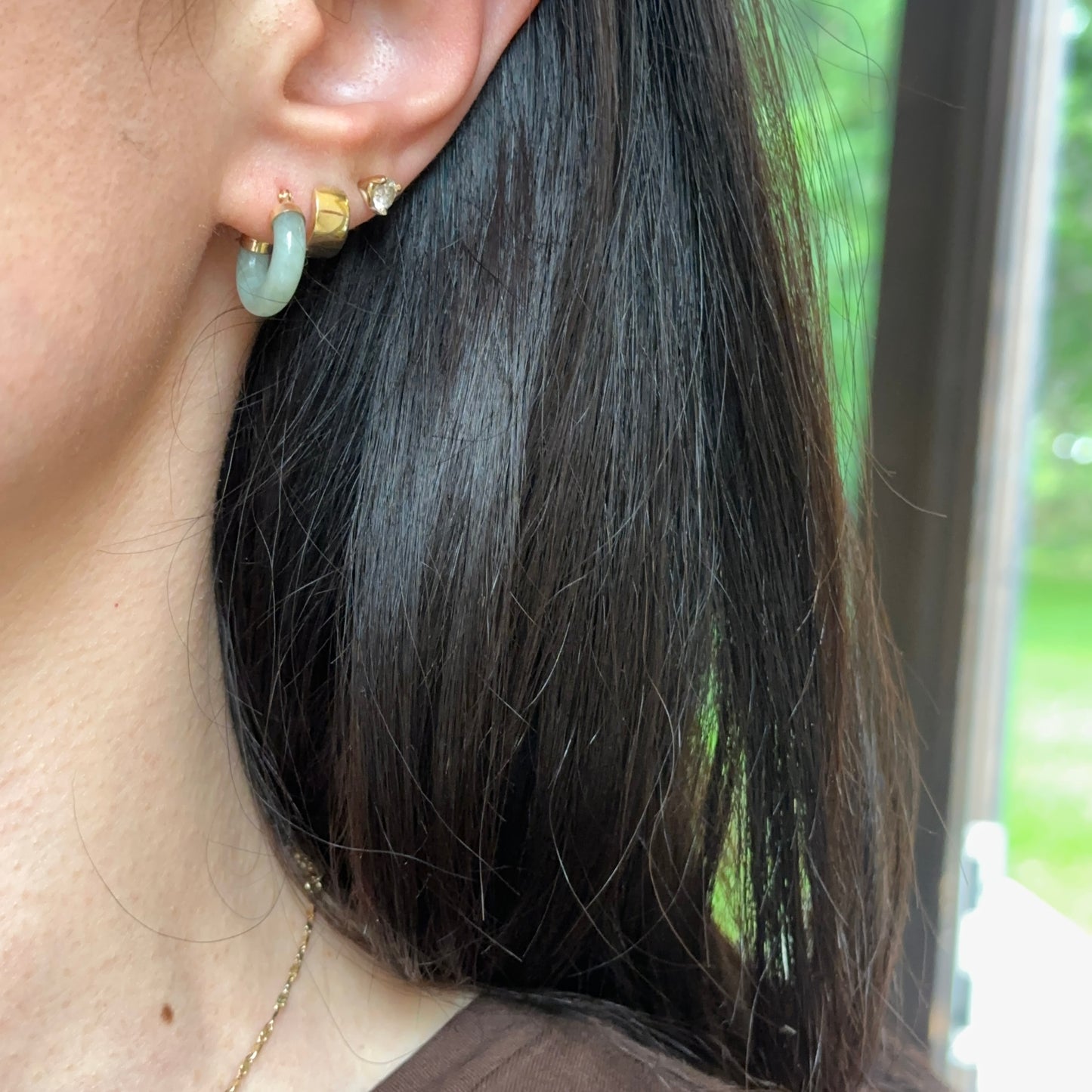 14KT Yellow Gold Jade Hoop Earrings 15mm