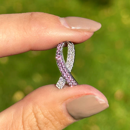 14KT White Gold Pink Sapphire + Diamond Breast Cancer Awareness Ribbon Slide Pendant