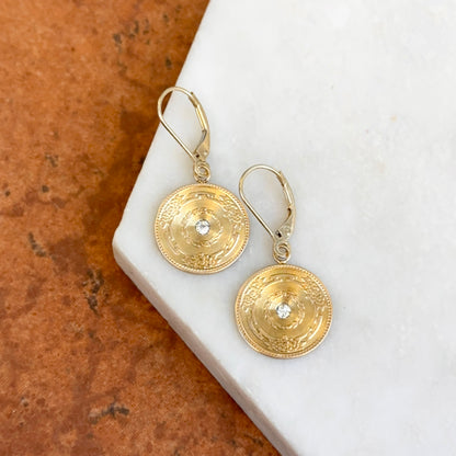 Estate 14KT Yellow Gold Round Diamond Circle Floral Drop Earrings