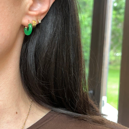 14KT Yellow Gold Green Jade Tube Hoop Earrings 15mm