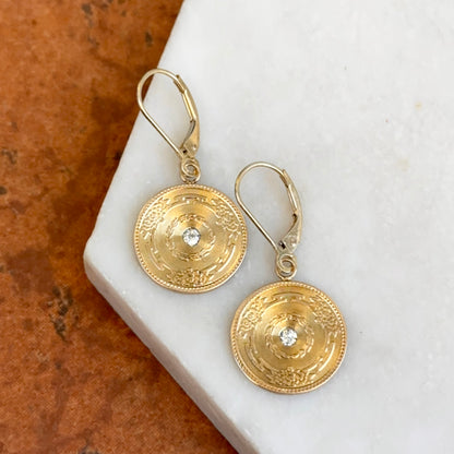 Estate 14KT Yellow Gold Round Diamond Circle Floral Drop Earrings