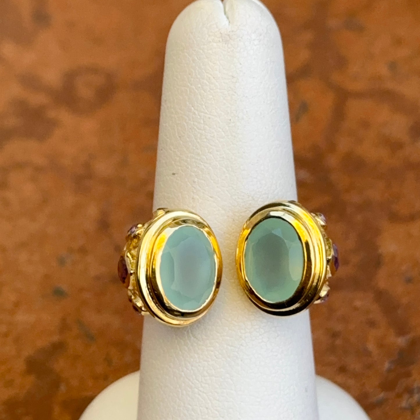 Sterling Silver Yellow Gold-Plated Oval Chalcedony+ Amethyst Open Ring