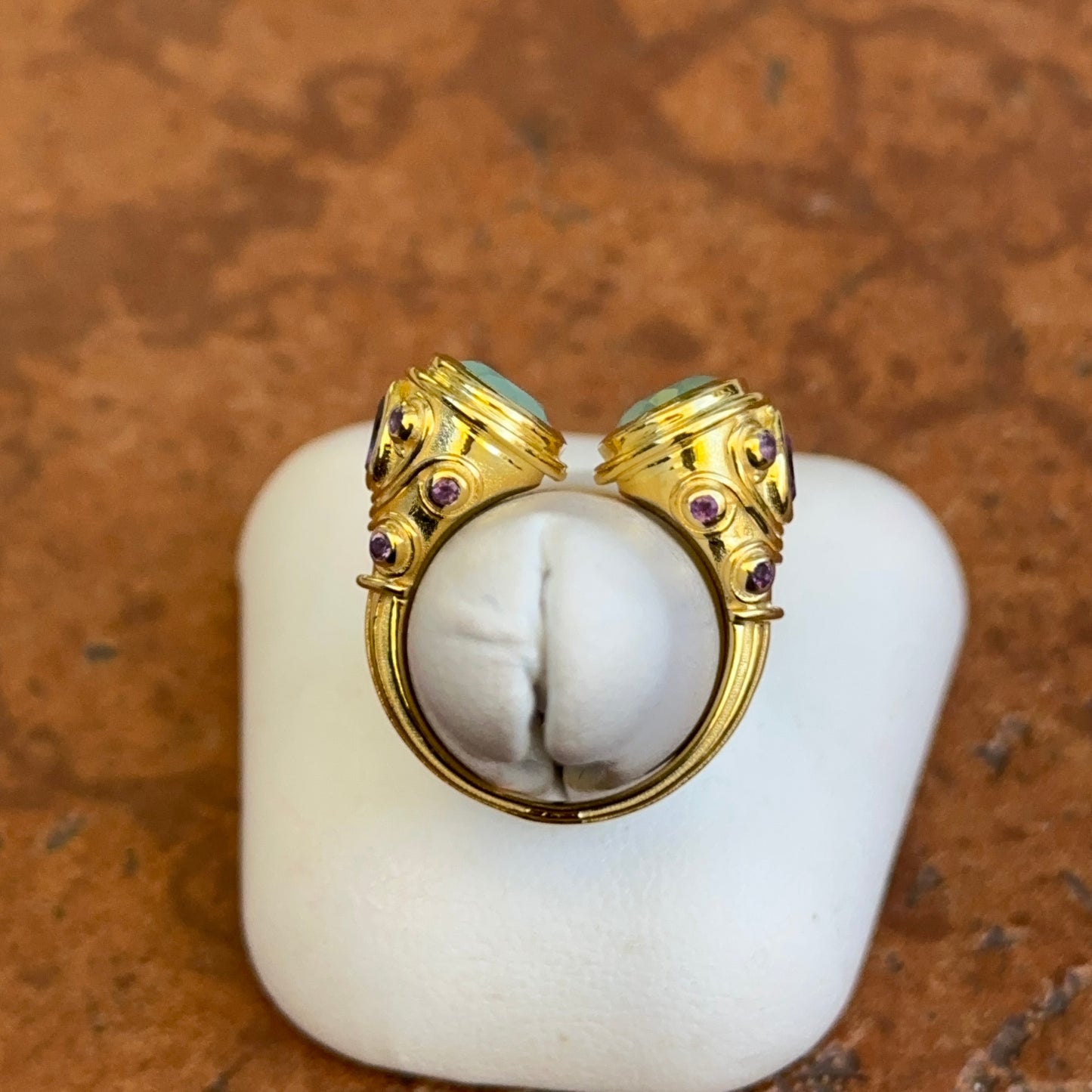 Sterling Silver Yellow Gold-Plated Oval Chalcedony+ Amethyst Open Ring