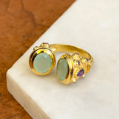 Sterling Silver Yellow Gold-Plated Oval Chalcedony+ Amethyst Open Ring