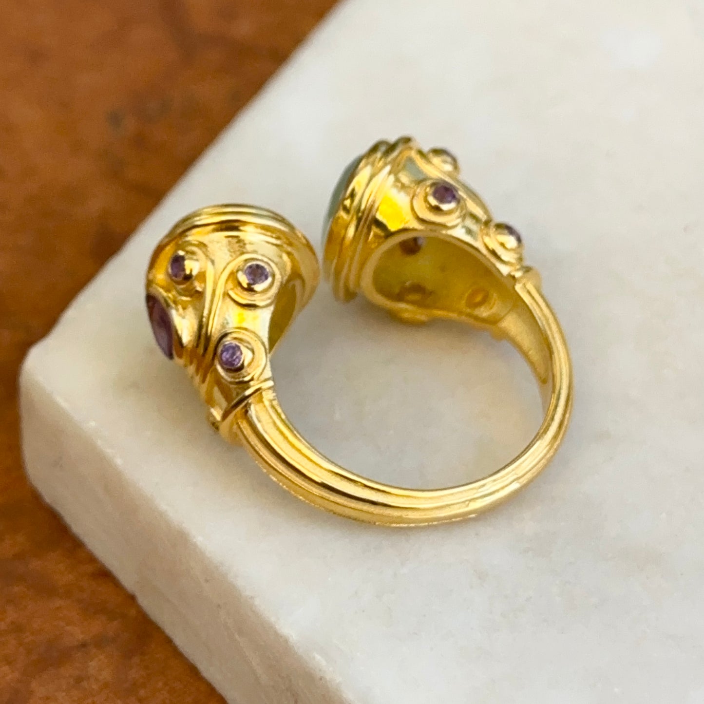 Sterling Silver Yellow Gold-Plated Oval Chalcedony+ Amethyst Open Ring