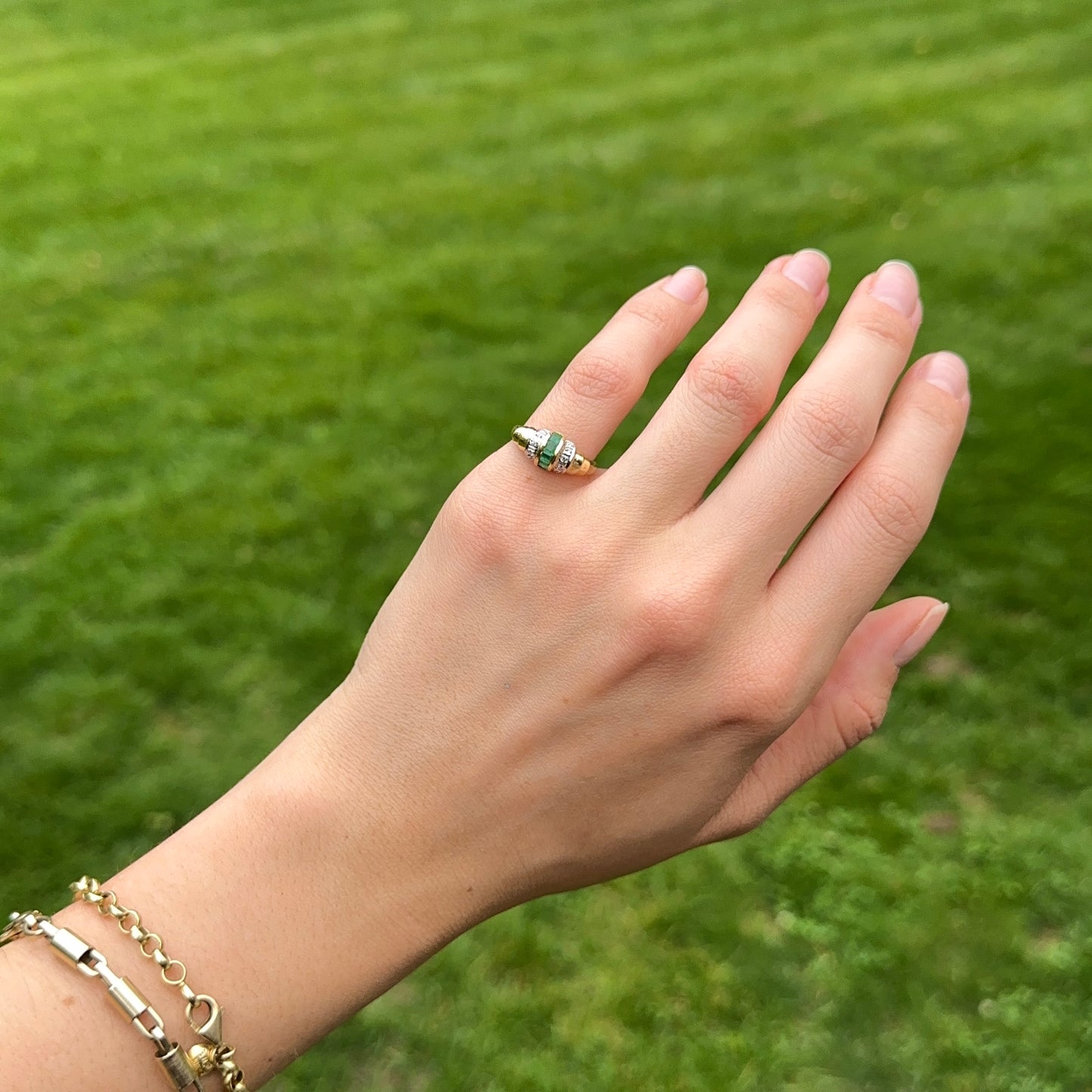 Estate 14KT Yellow Gold Channel Set Emerald + Diamond Ring