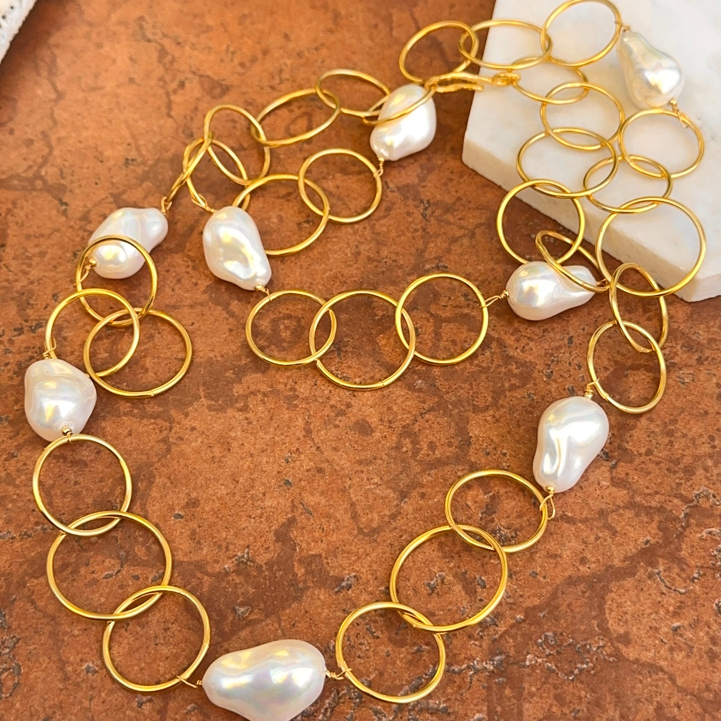 Yellow Gold-Plated Round Link + Pearl Bead Necklace 40''