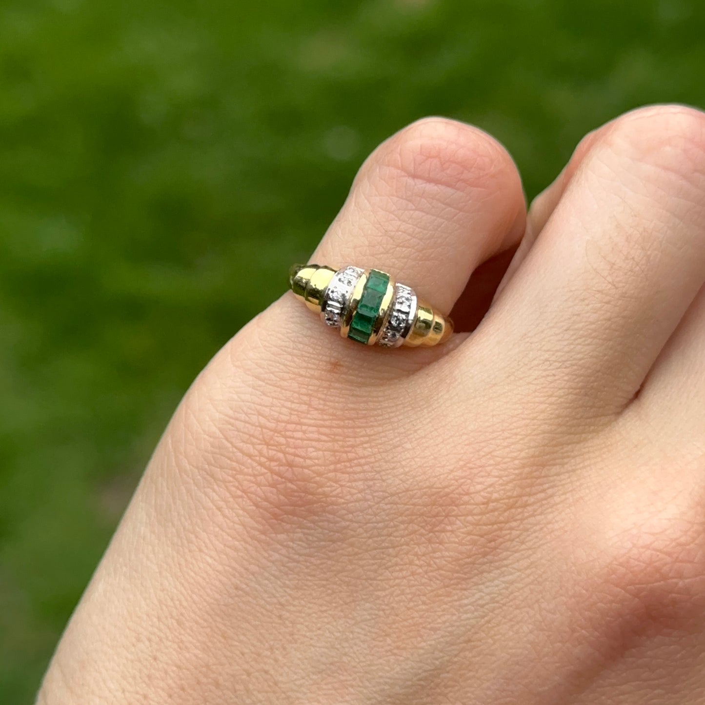 Estate 14KT Yellow Gold Channel Set Emerald + Diamond Ring