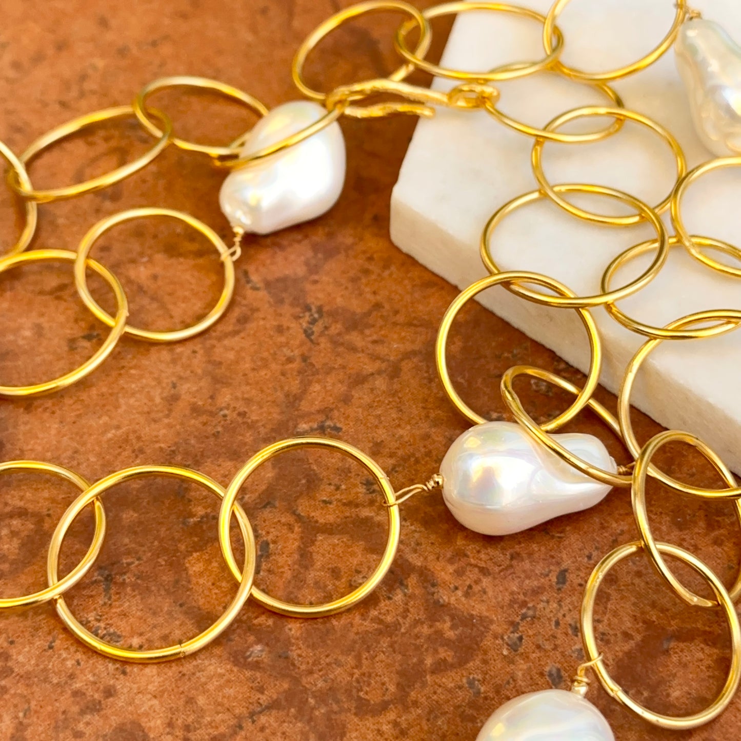 Yellow Gold-Plated Round Link + Pearl Bead Necklace 40''