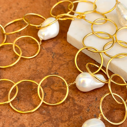 Yellow Gold-Plated Round Link + Pearl Bead Necklace 40''