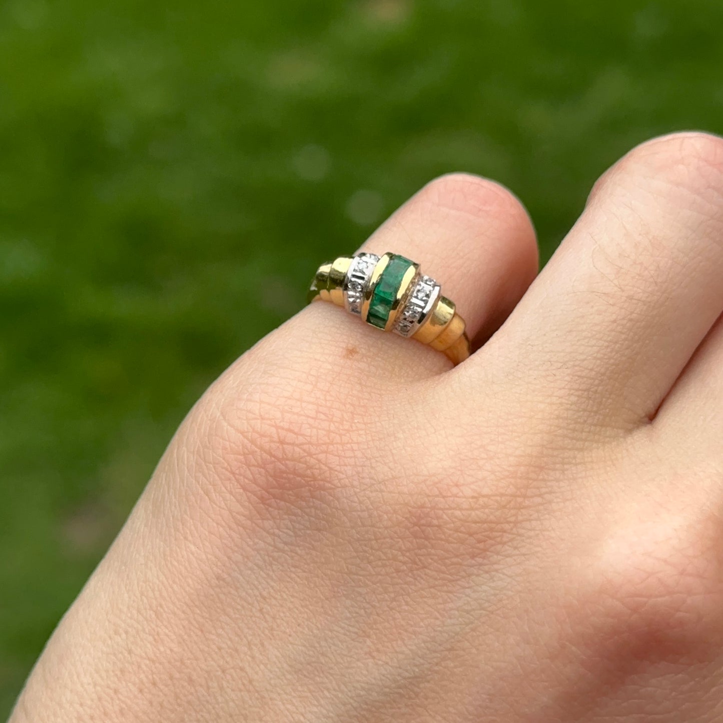 Estate 14KT Yellow Gold Channel Set Emerald + Diamond Ring