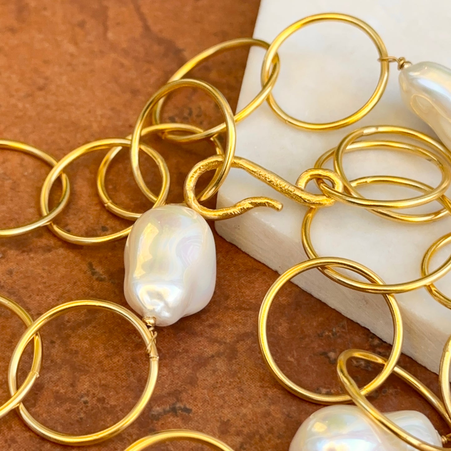 Yellow Gold-Plated Round Link + Pearl Bead Necklace 40''