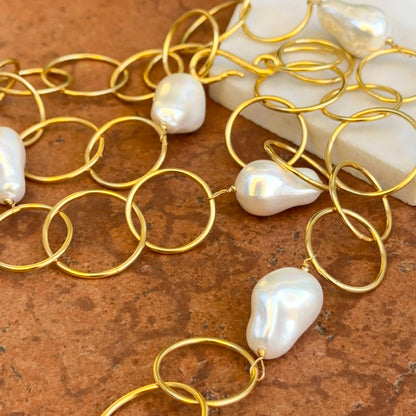 Yellow Gold-Plated Round Link + Pearl Bead Necklace 40''