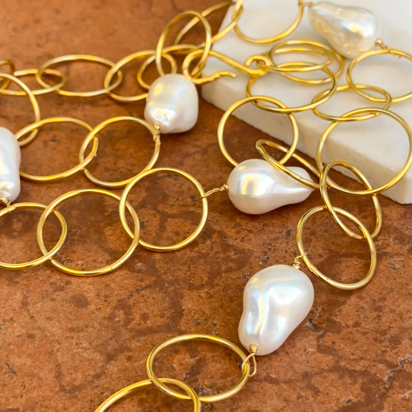 Yellow Gold-Plated Round Link + Pearl Bead Necklace 40''