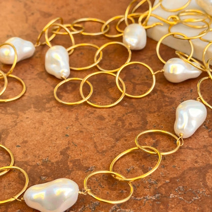 Yellow Gold-Plated Round Link + Pearl Bead Necklace 40''
