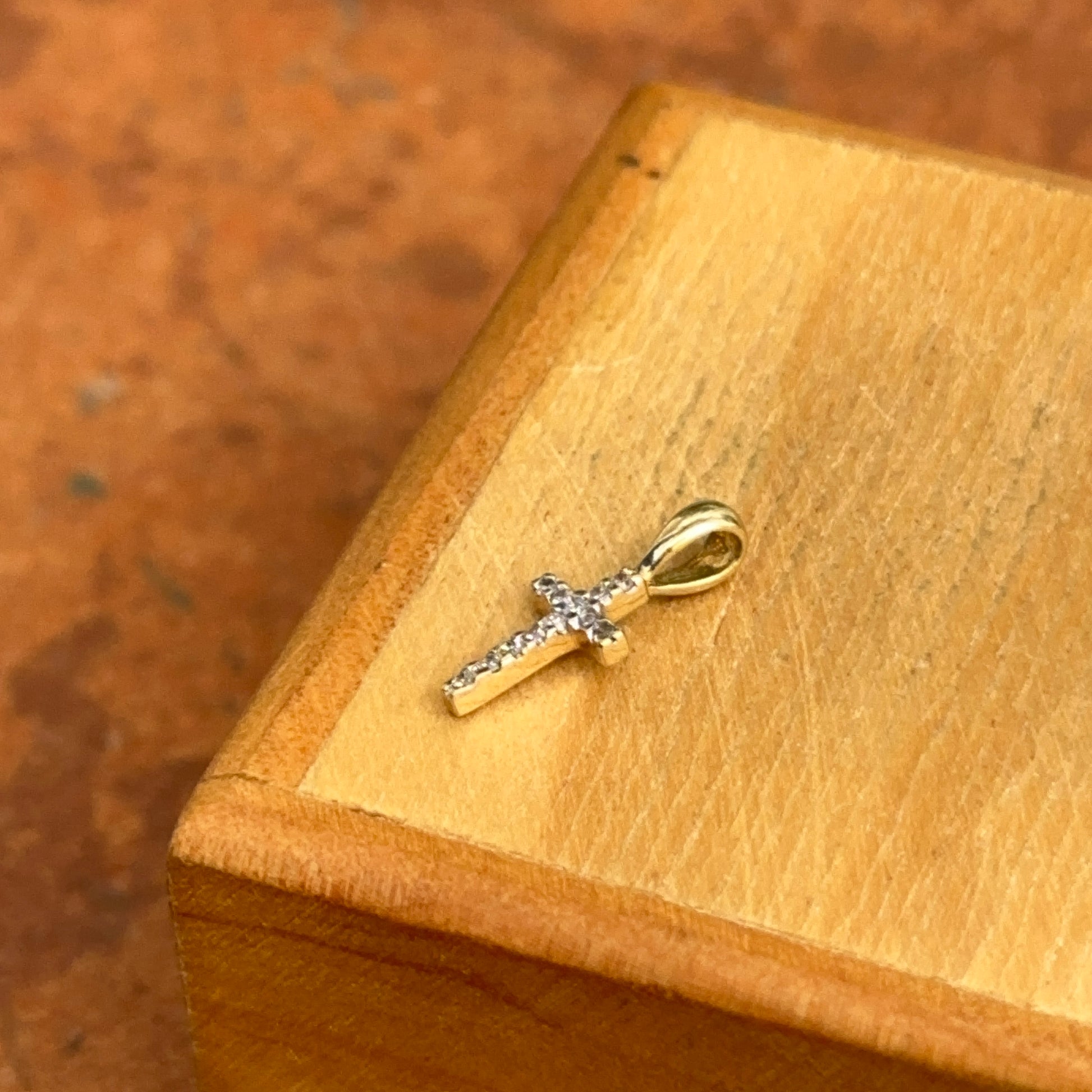 14KT Yellow Gold Mini Diamond Cross Pendant Charm - LSJ