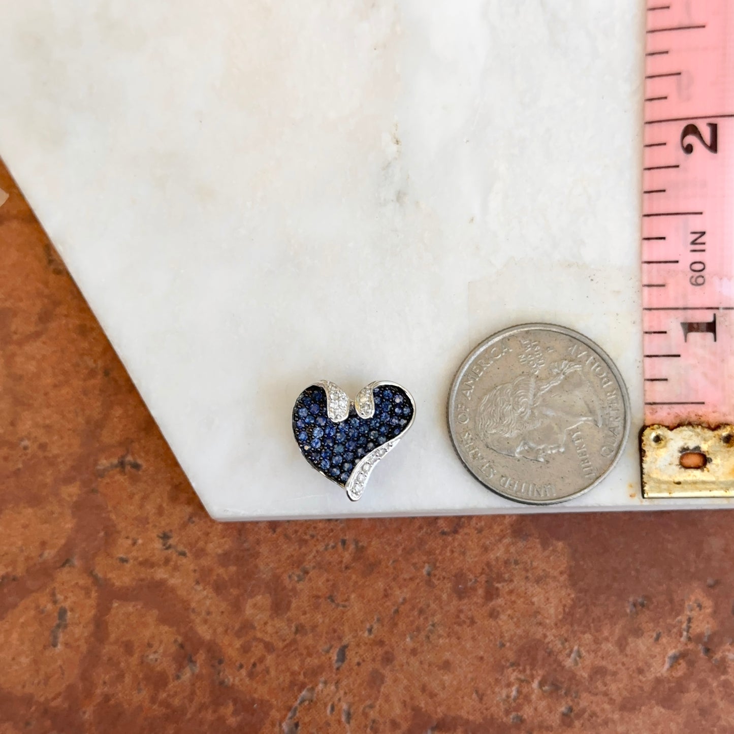 Estate 14K White Gold Black Rhodium Plated Blue Sapphire + Diamond Pave Heart Pendant