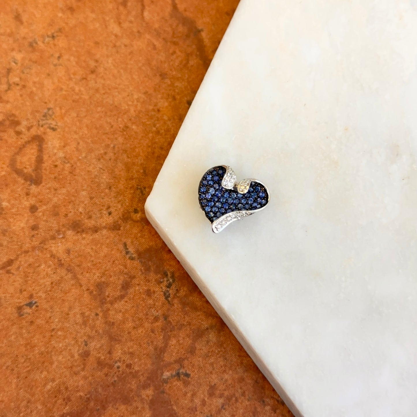 Estate 14K White Gold Black Rhodium Plated Blue Sapphire + Diamond Pave Heart Pendant