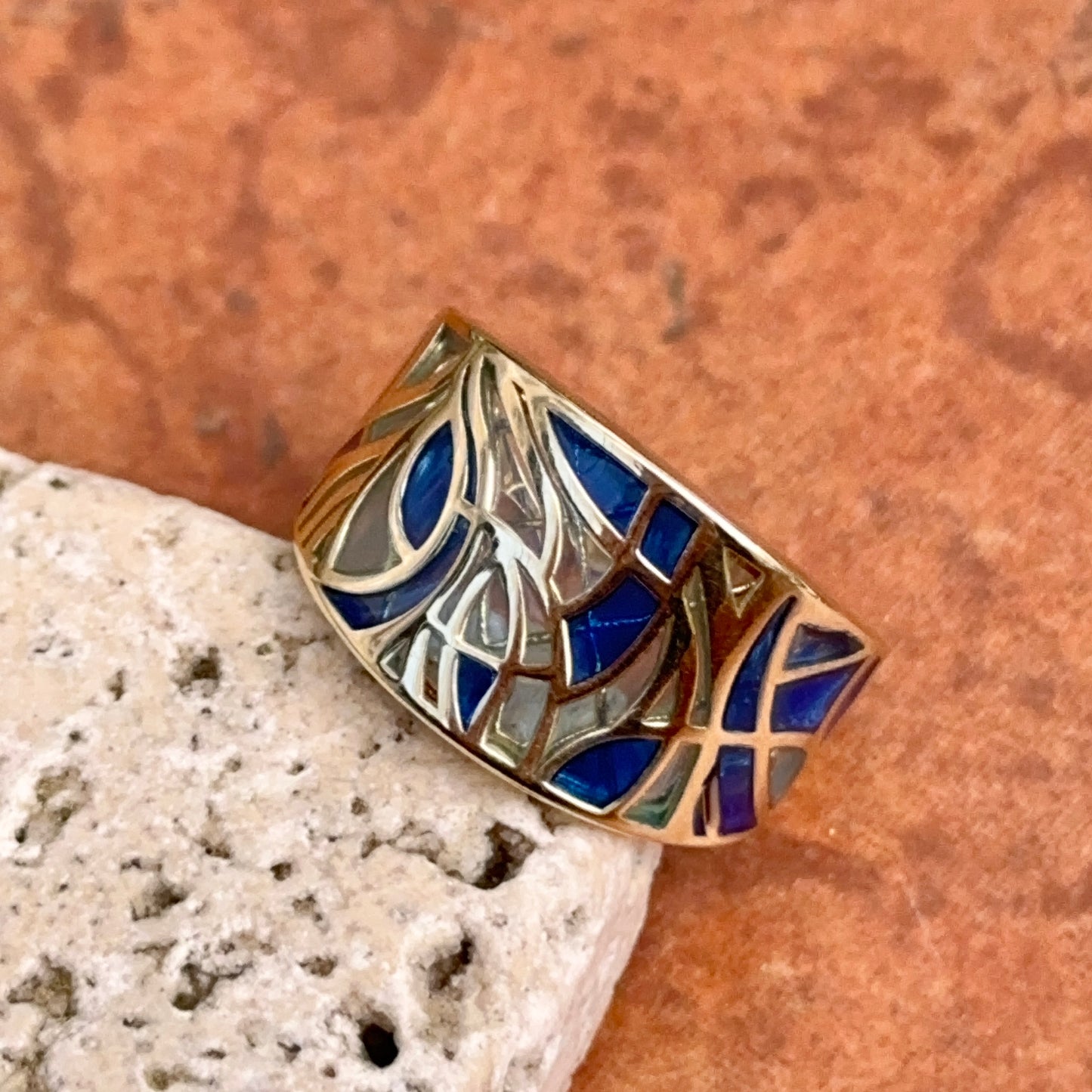 Estate 14KT Yellow Gold Blue Enamel Mosaic Band Ring
