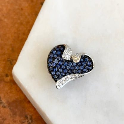Estate 14K White Gold Black Rhodium Plated Blue Sapphire + Diamond Pave Heart Pendant