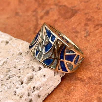 Estate 14KT Yellow Gold Blue Enamel Mosaic Band Ring