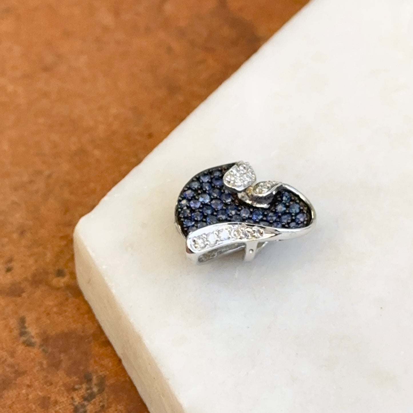 Estate 14K White Gold Black Rhodium Plated Blue Sapphire + Diamond Pave Heart Pendant