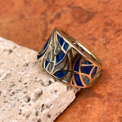 Estate 14KT Yellow Gold Blue Enamel Mosaic Band Ring