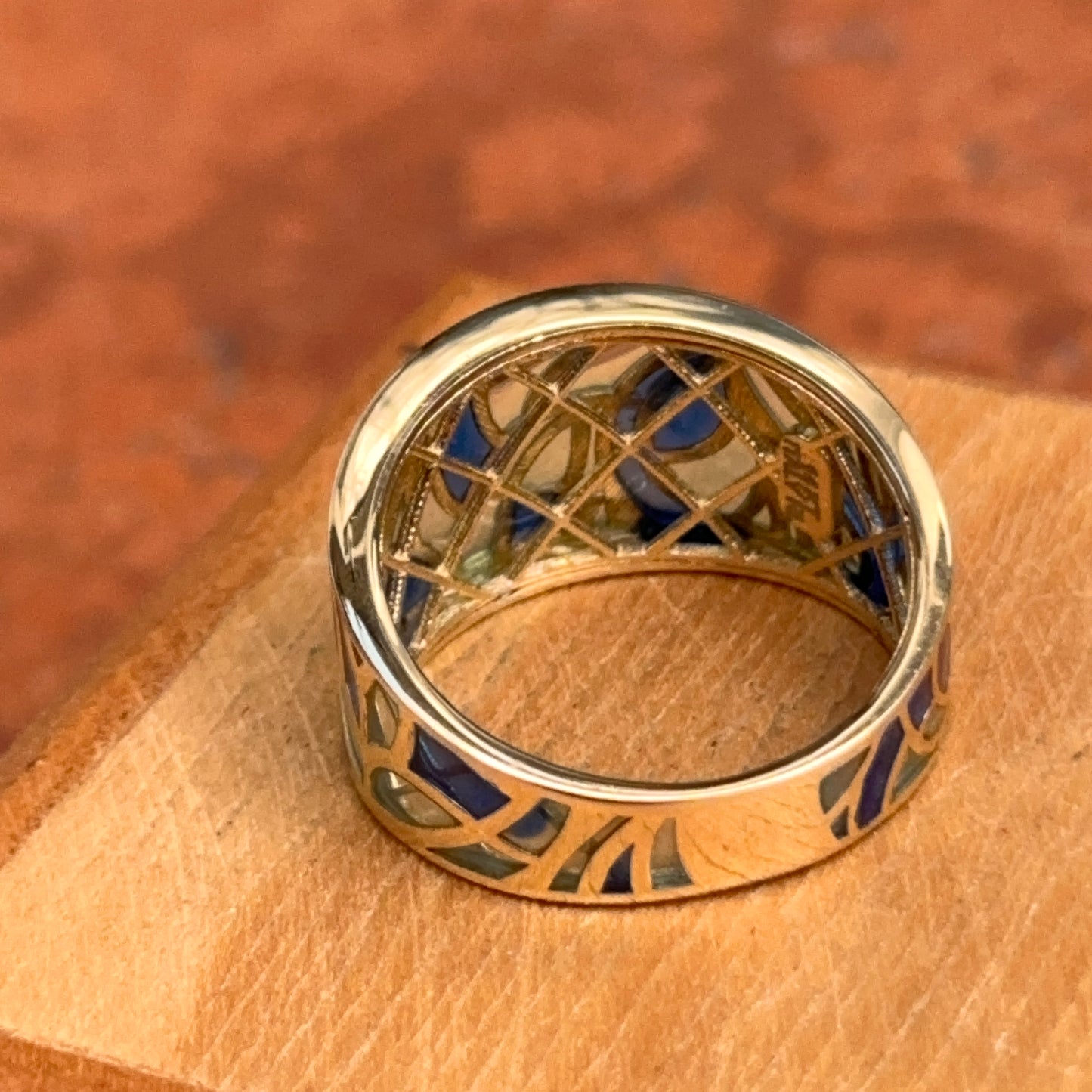 Estate 14KT Yellow Gold Blue Enamel Mosaic Band Ring